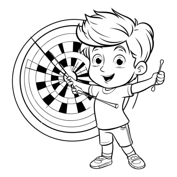 Black White Cartoon Illustration Kid Boy Dart Board Coloring Book — Stock Vector