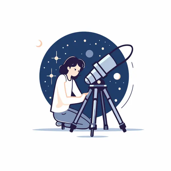 Conceito Astronomia Mulher Olhar Através Telescópio Ilustração Vetorial — Vetor de Stock