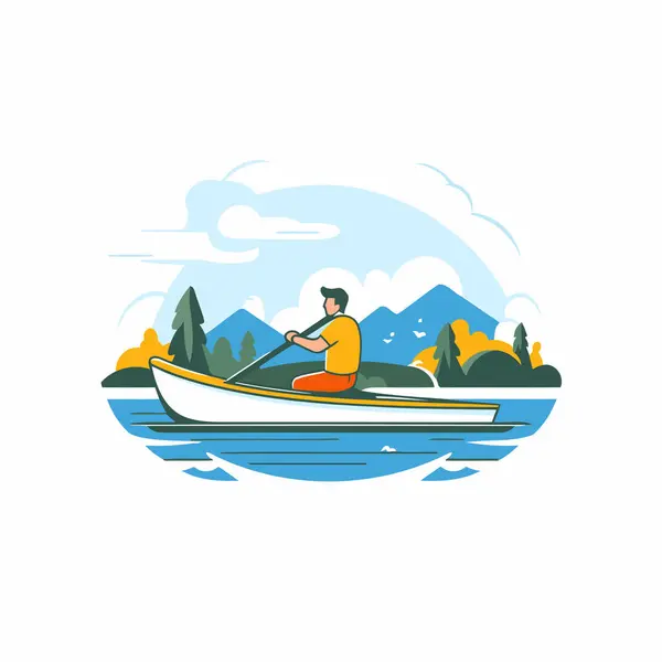 Homem Remar Num Barco Lago Ilustração Vetorial Estilo Plano — Vetor de Stock
