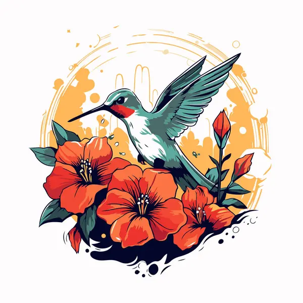 Koliber Czerwonymi Kwiatami Ilustracja Wektora Stylu Retro — Wektor stockowy