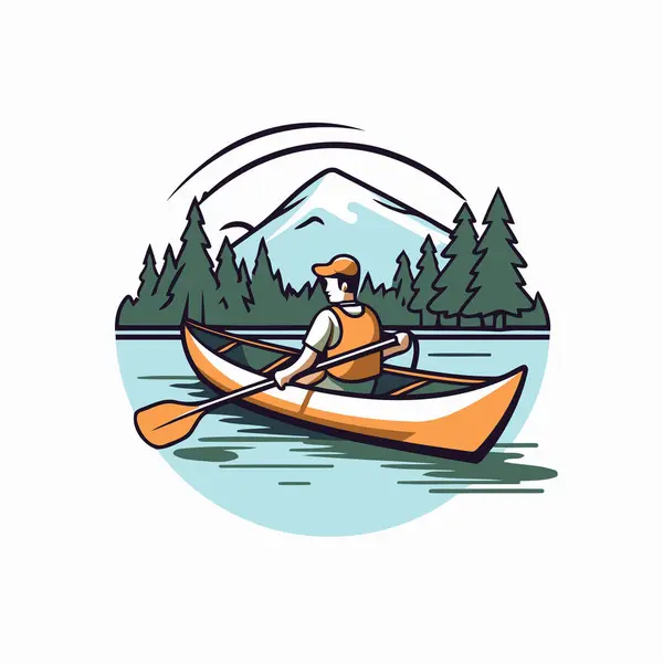 Caiaque Lago Ilustração Vetorial Homem Remando Uma Canoa — Vetor de Stock