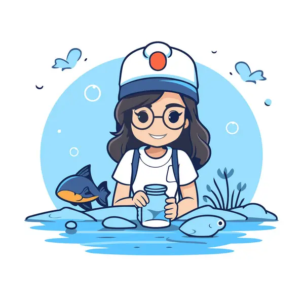 セーラーの帽子にかわいい漫画の少女と水のボトルが付いているメガネ ベクトルイラスト — ストックベクタ