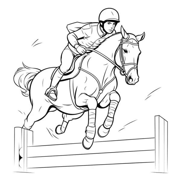 Jockey Horse Jumping Obstacles Black White Vector Illustration — Stock Vector