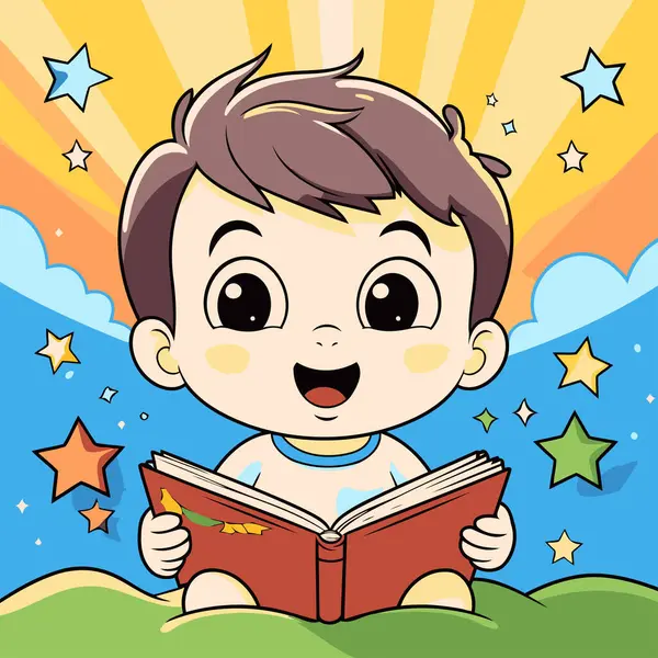 Illustration Cute Baby Boy Reading Book Park — Stock Vector