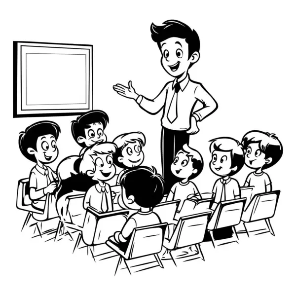 Teacher Students Classroom Black White Vector Illustration — Stock Vector