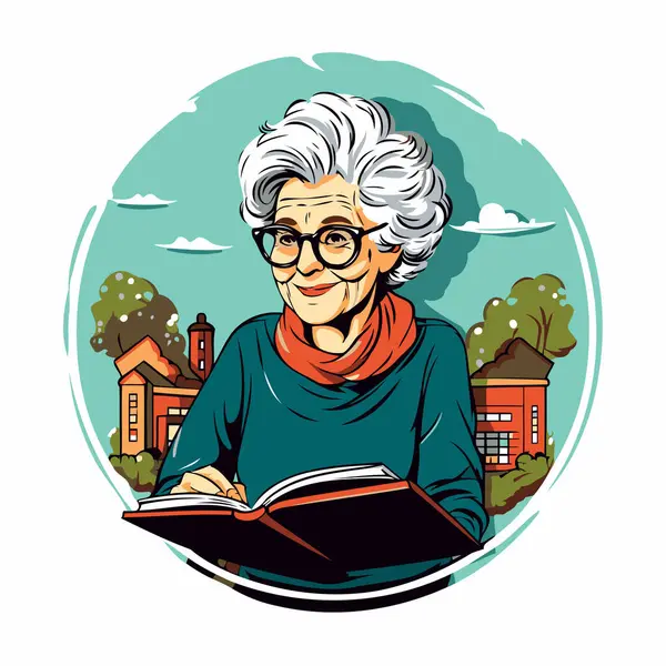 Vector Illustration Elderly Woman Reading Book City — Stock Vector