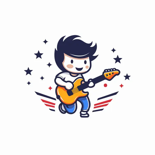 Boy Playing Guitar Starry Night Vector Cartoon Illustration — Stock Vector