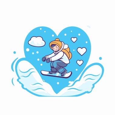 Kalp şeklinde bir bulutta kayakçı bir kızın vektör çizimi.