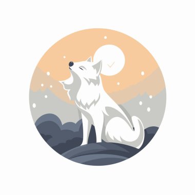 Cute white wolf in the forest. Vector illustration in flat style