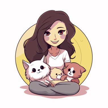 Kedi ve köpeği olan sevimli bir çizgi film kızı. Tasarımınız için vektör illüstrasyonu