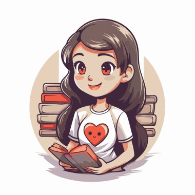 Kitap okuyan sevimli küçük bir kız. Vektör çizgi film karakteri çizimi.