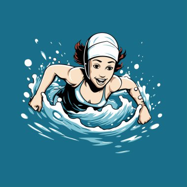 Yüzme havuzunda su sıçratan bir kadın yüzücünün vektör çizimi.