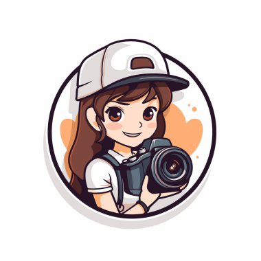 Kameralı tatlı kız fotoğrafçı. Çizgi film tarzında vektör illüstrasyonu.