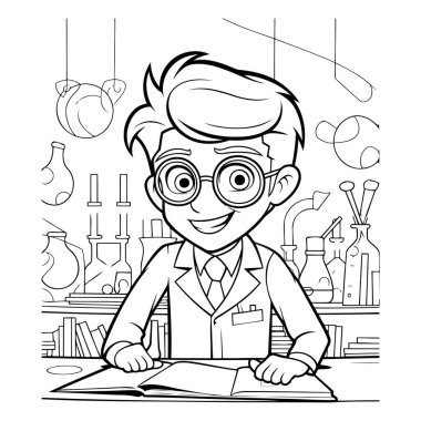 Laboratuvardaki bilim adamı. Boyama kitabı için siyah ve beyaz vektör çizimi.