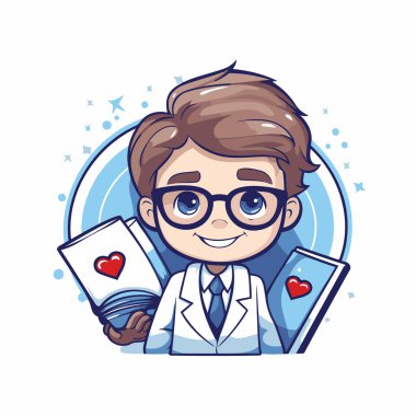 Gözlüklü ve cep telefonlu sevimli bir karikatür doktoru. Vektör illüstrasyonu.