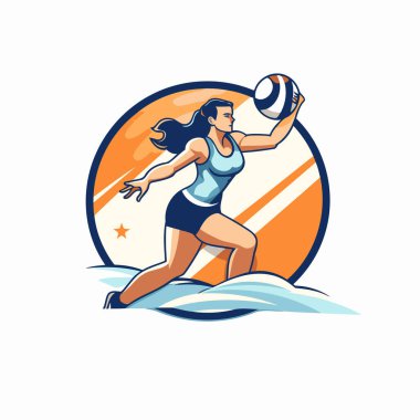 Denizin arka planında voleybol oyuncusu. Vektör illüstrasyonu