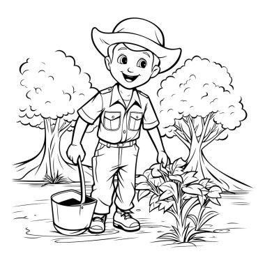 Bahçede çalışan bir çocuğun taslağı. Vektör illüstrasyonu.