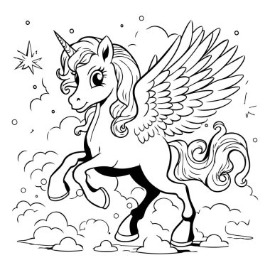 Bulutlardaki tek boynuzlu at. Boyama kitabı için siyah beyaz illüstrasyon