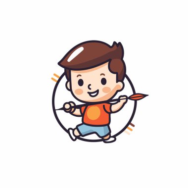 Ok ve yayla nişan alan sevimli çocuk. çizgi film vektör illüstrasyonu.