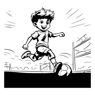 Futbol oynayan bir çocuk. Futbol oynayan bir çocuğun siyah-beyaz vektör çizimi.
