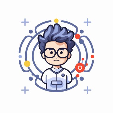 Gözlüklü ve bilim moleküllü çocuk. Düz biçimli vektör illüstrasyonu.