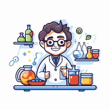 Kimya laboratuvarında bilim adamı. Çizgi film tarzında vektör illüstrasyonu.