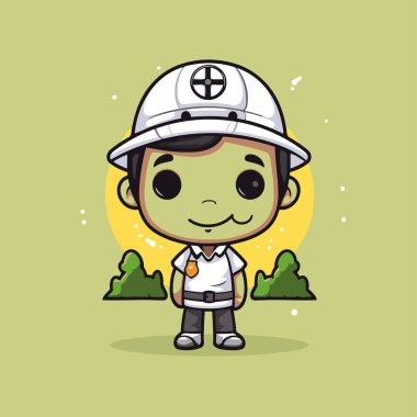 İtfaiyeci kostümü giyen sevimli çizgi film çocuğu. Düz bir şekilde vektör illüstrasyonu