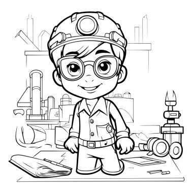Kasklı ve gözlüklü sevimli karikatür mühendisi çocuk. Siyah ve beyaz vektör çizimi.