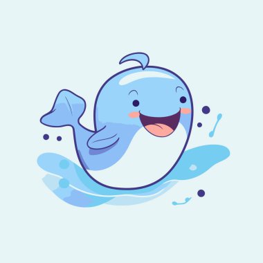 Tatlı çizgi film balinası. Açık mavi arkaplanda vektör illüstrasyonu.