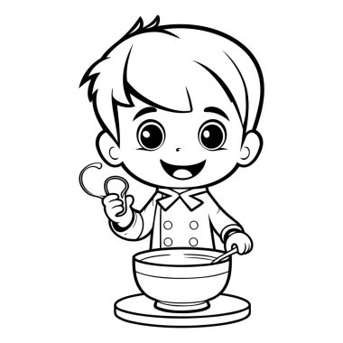 Çorba içen şirin bir çocuk. Boyama kitabı için Vektör illüstrasyonu.