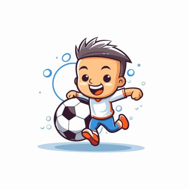 Beyaz arka planda futbol çizgi filmi vektörü illüstrasyonu oynayan sevimli küçük çocuk.