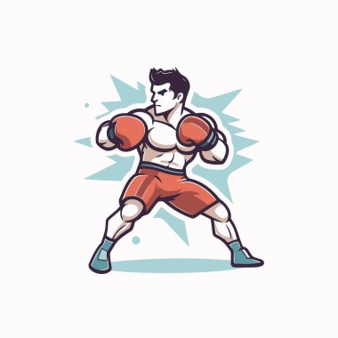 Boks vektör illüstrasyonu. Beyaz arka planda boks eldivenli çizgi film boksörü.