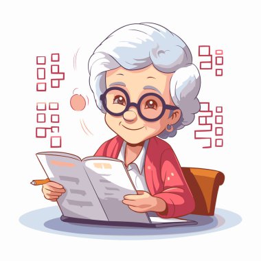 Kitap okuyan yaşlı bir kadın. Çizgi film tarzında vektör illüstrasyonu