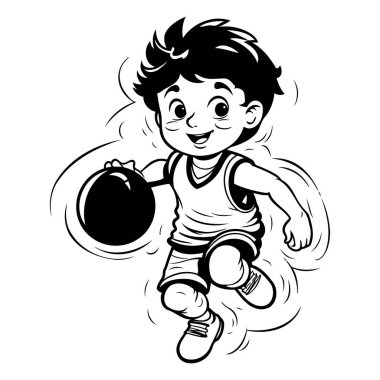 Küçük bir çocuğun topla basketbol oynadığı karikatür çizimi..