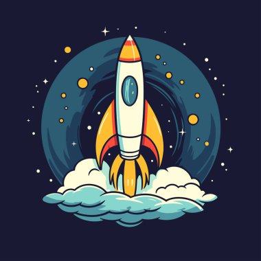 Roket uzaya fırlatıldı. Vektör çizimi. Çizgi film tarzı. Koyu arkaplanda izole.