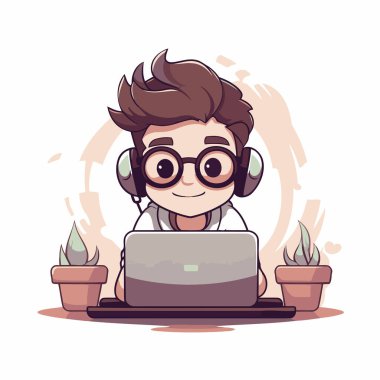 Evde dizüstü bilgisayar kullanan bir çocuğun resmi. Vektör illüstrasyonu.