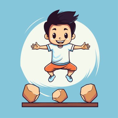 Kayaların üzerinden atlayan çocuk. Çizgi film vektör illüstrasyonu mavi arkaplanda izole edildi.