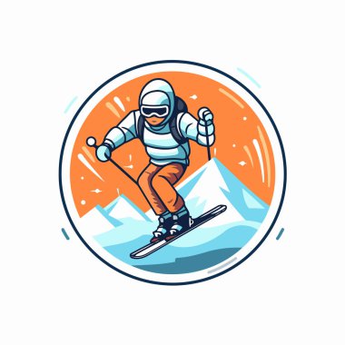 Snowboardcu miğfer ve gözlüklerle snowboard 'a atlıyor. Vektör illüstrasyonu.