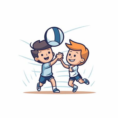 Voleybol oynayan çocuklar. Çizgi filmdeki küçük çocuk ve çocuk top oynuyor..