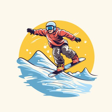 Dalgaya atlayan snowboardcu. Retro biçiminde vektör illüstrasyonu.