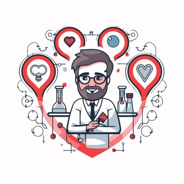 Bilim adamı çizgi film karakteri, gözlüklü ve sakal vektörü çizimi grafikli.