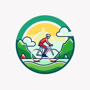 Bisikletçi bisiklet ikonu kullanıyor. Spor ve aktif yaşam tarzı vektör çizimi.