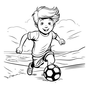 Futbol oynayan bir çocuk. Boyama kitabı için siyah ve beyaz vektör çizimi.