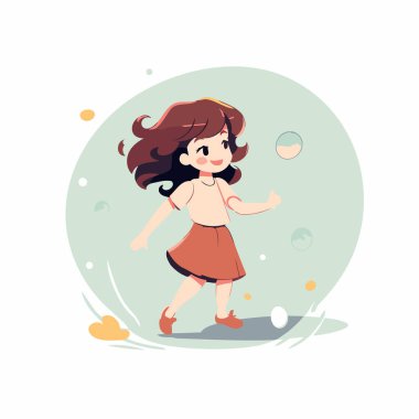 Baloncuklarla oynayan tatlı küçük kız. Çizgi film tarzında vektör illüstrasyonu.