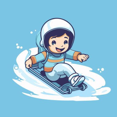 Snowboard 'da kayan küçük kız. Çizgi film vektör illüstrasyonu mavi arkaplanda izole edildi.