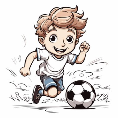 Futbol oynayan bir çocuk. Topa vuran bir çocuğun vektör çizimi.