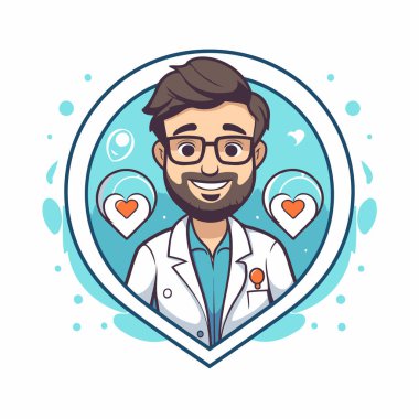 Beyaz önlüklü, gözlüklü ve sakallı bir doktorun vektör çizimi.