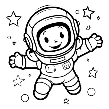 Çocuklar için boyama kitabı: uzaydaki astronot. Vektör illüstrasyonu.