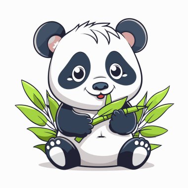 Yeşil yaprakların üzerinde oturan şirin panda. Vektör illüstrasyonu.