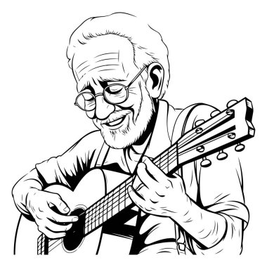 Gitar çalan yaşlı bir adam. Siyah ve beyaz vektör çizimi.